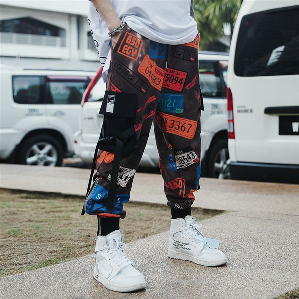

streetwear joggers men printing designers ribbons harem pants men zippers cotton casual loose mens joggers pants spring autumn, Black