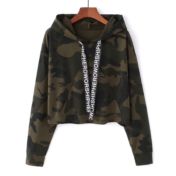 

merry pretty women camouflage printed cropped hoodies sweatshirts long sleeve tracksuit 2018 autumn armygreen hooded pullovers, Black