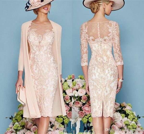

lace mother of the bride dresses formal 3/4 sleeve knee length sheer neck applique mother groom dresses lace guest dress, Black;red
