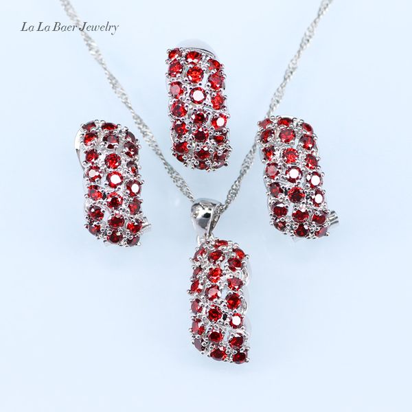 

l&b star romantic silver color 925 logo jewelry sets for women red created garnet white zircon earrings/pendant/necklace/ring, Slivery;golden