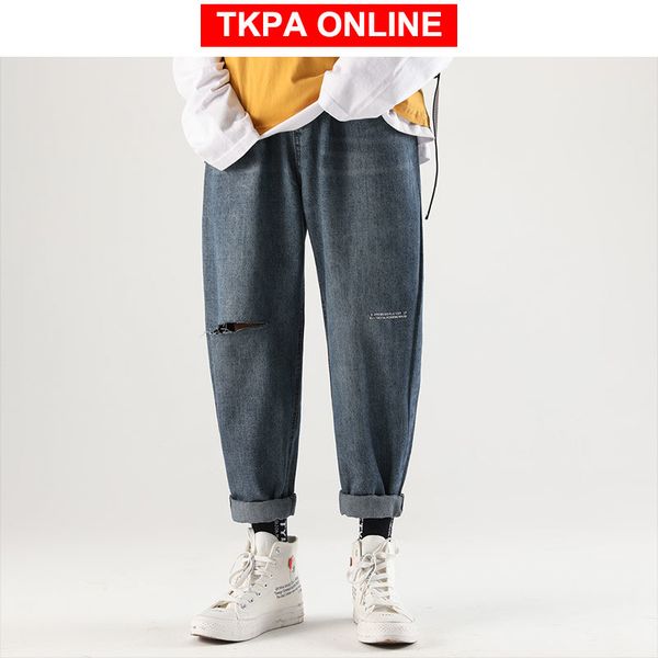 

men streetwear ripped jeans pants 2020 man hiphop blue denim pants male korean fashion jeans regular fit