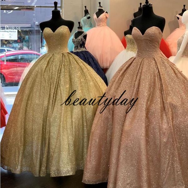 Rose Gold Quinceanera Kleider Ballkleid 2020 Trägerlos Sweet 16 Prom Kleider Sparling Flash Debütantin Kleider Plus Größe Vestidos De 15