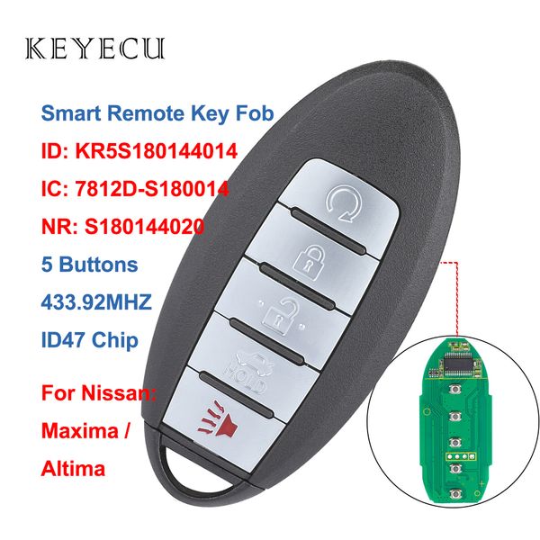 

keyecu s180144020 smart car remote key fob 5 buttons 433.92mhz id47 chip for maxima altima 2013 2014 2015, kr5s180144014