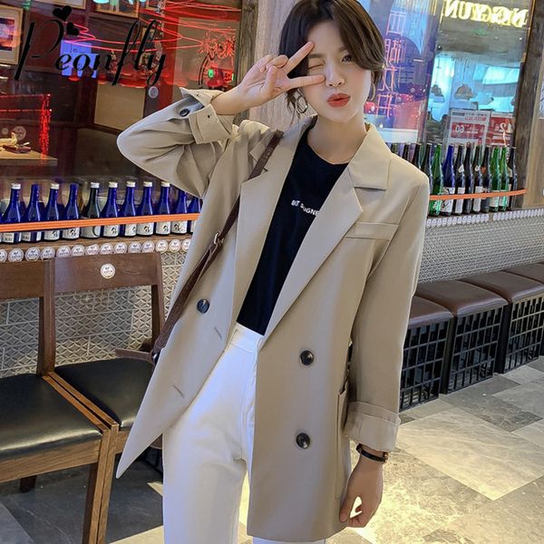 

peonfly new 2019 autumn winter blazer women casual solid color double breasted blazer jacket korean style loose fashion, White;black