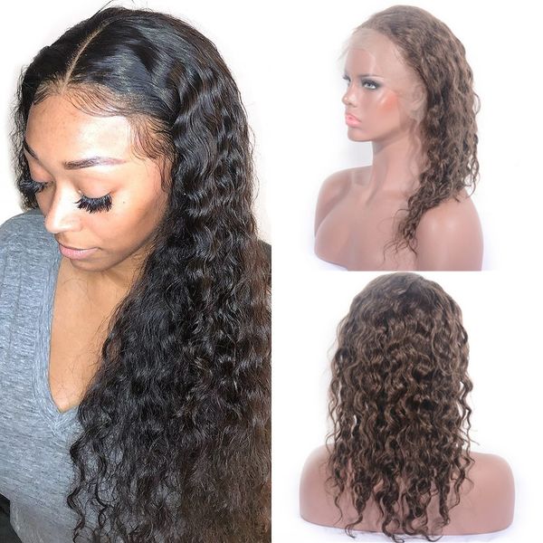 

brazilian deep curly wig glueless lace wig with baby hair pre-plucked lace front human hair wig 130% density, Black;brown