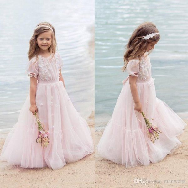 

designer blush pink bohemia flower girl dresses for wedding with short sleeves 3d appliqued toddler pageant gowns tulle kids communion dress, White;blue