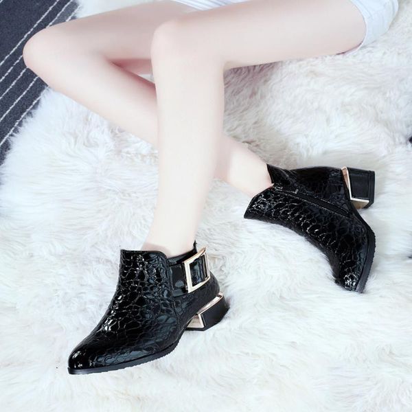 

winter shoes women ankle boots female england pointed toe pu leather shoes square heel bottines pour les femmes cowboy boots, Black