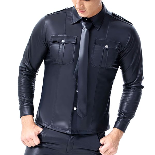 2020 Mens PU Leather T Shirts Sexy Fitness Faux Leather Black Long Sleeve Pocket Undershirts 