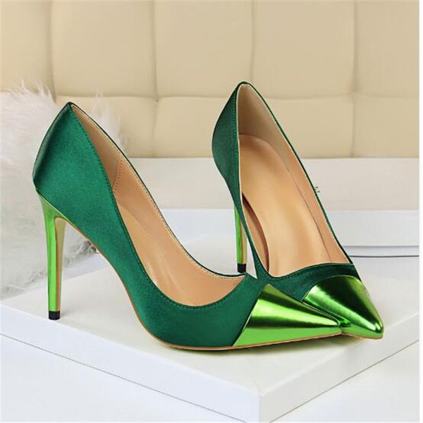 green satin high heels