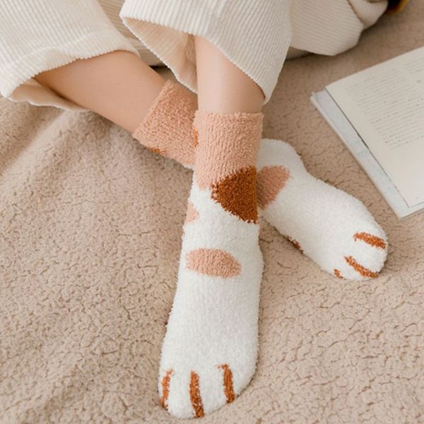 

winter thermal cat claws cute thick warm sleep floor socks femal plush coral fleece socks female tube socks, Black