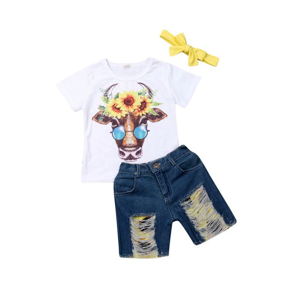 

2019 sunflower toddler baby boy girls t-shirt denim pants outfits clothes summer short sleeve cartoon cute soft clothing, White