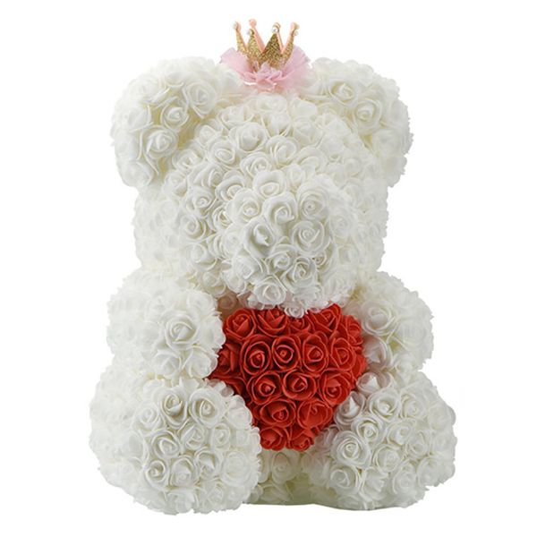 

25cm teddy bear with crown in gift box bear of roses artificial flower new year gifts for women valentines gift white