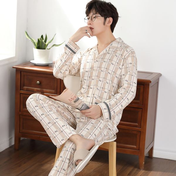 

autumn winter pyjamas geometric pattern men long sleeve pajamas sets plus size -4xl cotton sleepwear pajama cotton mujer, Black;brown
