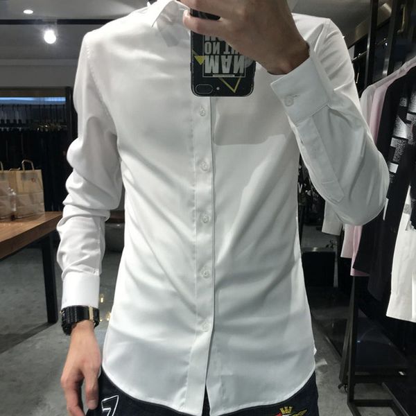 

europe autumn men shirt solid black white long sleeve slim fit shirts male fashion social streetwear embroidery clothing camisa, White;black