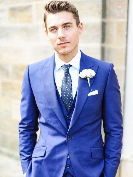 

excellent royal blue men wedding tuxedos peak lapel groom tuxedos fashion men business dinner prom blazer(jacket+pants+tie+vest) 676, Black;gray