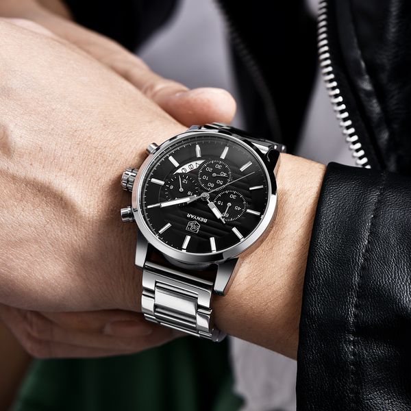

benyar watch men luxury brand quartz sport watches mens fashion analog leather male waterproof wristwatch reloj hombre 2019, Slivery;brown