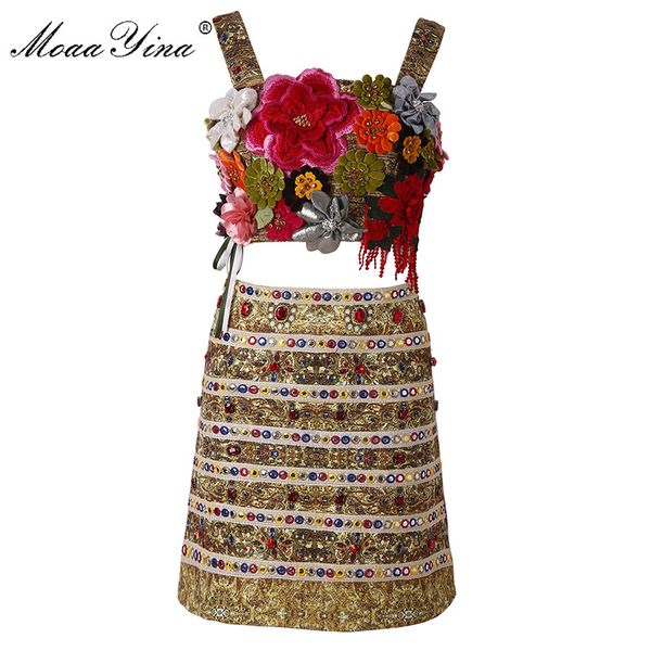 

moaayina fashion designer set summer women spaghetti strap applique short +dot embroidery diamond party two-piece suit, White