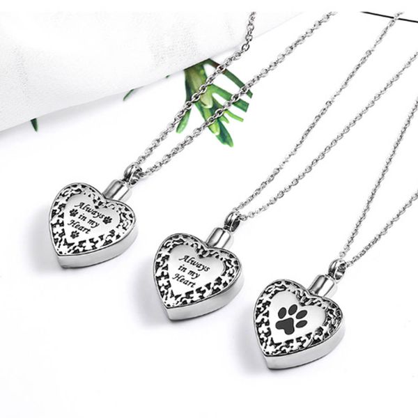 

popular titanium steel heart pendant necklace for ashes memorial cremation jewelry with paw print for pet dog cat ashes