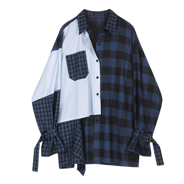 

shirt women's long sleeve 2019 autumn new stripe plaid splicing shirt women's long coat women plus size women blouses, White