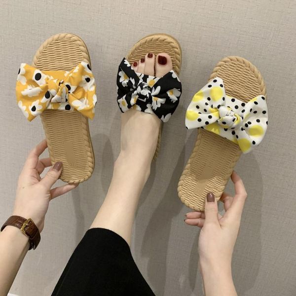 

summer butterfly-knot woven flat slippers woman shoes bohemian round head non-slip beach slipper for woman zapatos de mujer, Black