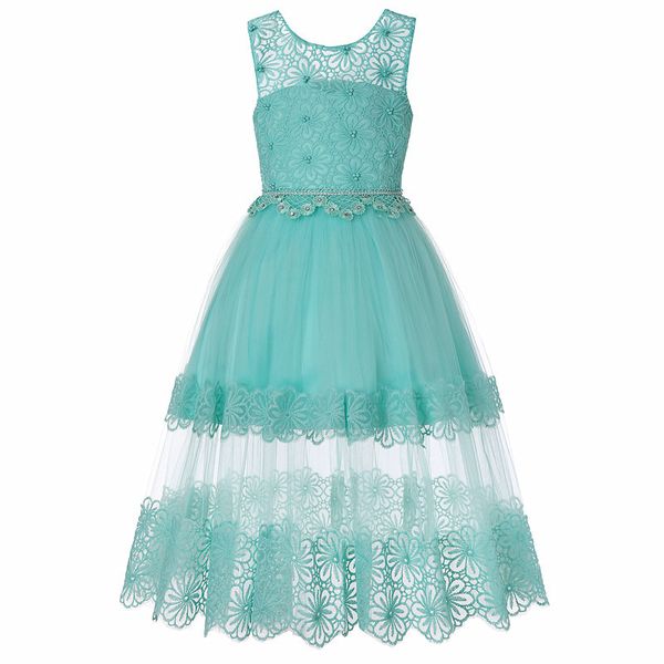 

children lace princess dresses christmas new year's birthday performing girls clothing with nail pearls size 5-14t, Red;yellow