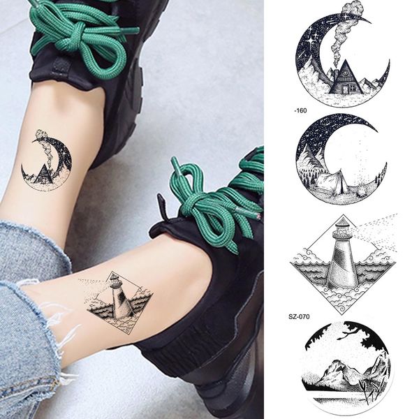 Acheter Noir Petite Lune Autocollants De Tatouage Temporaire Femmes Bras Cheville Art Transfert De Leau Tatouages Géométrique Phare Pic Hommes