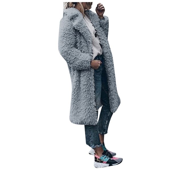 

women's plush wool coat winter lambwool trench coats long sleeve thicken warm elegant outerwear long faux fur jacket teddy coat, Black