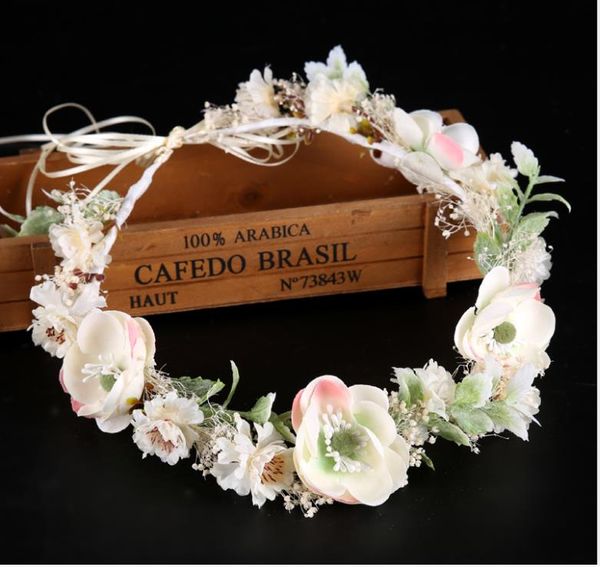 Branco guirlanda de flores vestido de noiva acessórios faixa colorida cabelo flores secas tiara de jóias de noiva