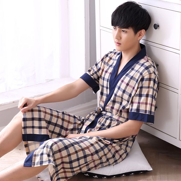 

men's pajamas gown cotton summer night gown male robe, Black;brown