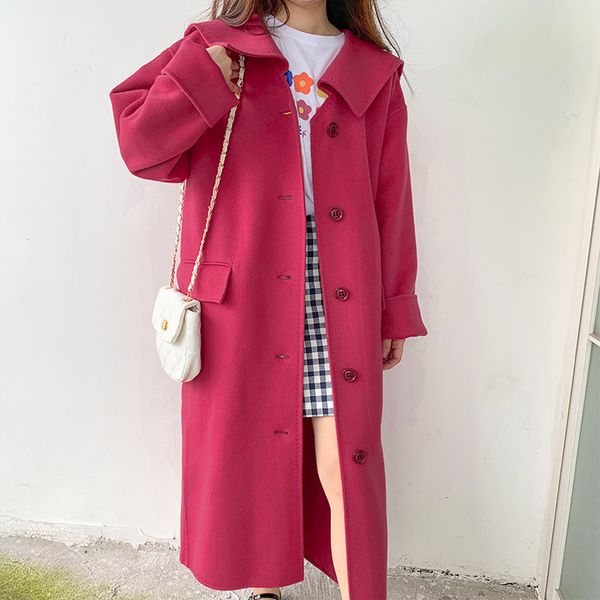 

2019 new navy collar autumn and winter double-sided wool coat medium and long wool tweed coat turn-down collar long, Black