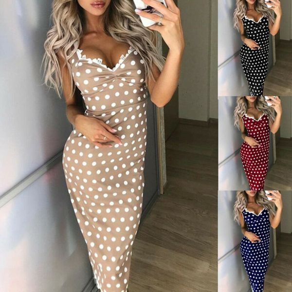

vintage women dress 2020 summer autumn lace chic sleeveless v-neck polka dots long maxi bodycon party dress plus size s-2xl, White;black