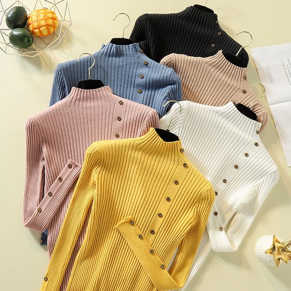 

new fashion button turtleneck sweater women spring autumn solid knitted pullover women slim soft jumper sweater female knit, White;black