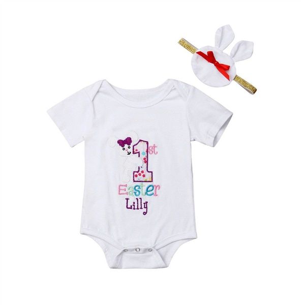 

2019 Spring New Newborn Baby Girl Clothes Easter Jumpsuit Romper Headband Outfits