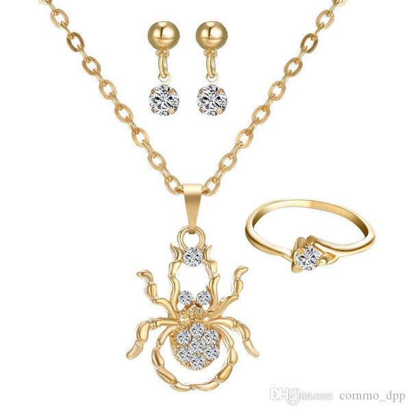 

fashion women jewelry 3pcs sets necklace earrings ring diamond-encrusted spider pendant necklaces for bridesmaid jewelry sets, Silver