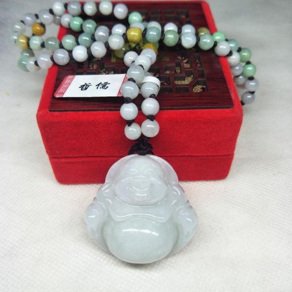 

zheru jewelry pure natural jadeite light green happy buddha pendant three-color jadeite jade necklace a level national certifica, Silver