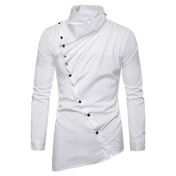 

2020 irregular and blouses asymmetric spring clothing stand collar slim shirt for male blusa long sleeve men's shirts, White;black