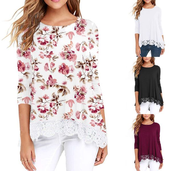 

женская одежда с длинным рукавом вокруг шеи строчка кружева футболку повседневная рубашка хлопка, White