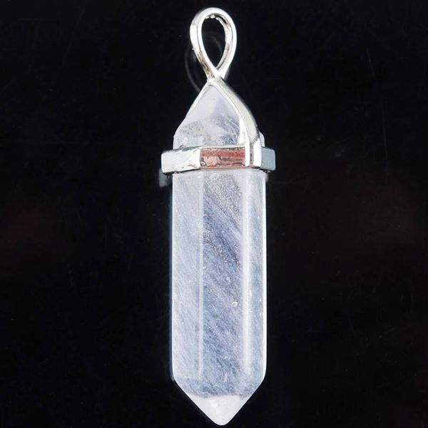 

wojiaer natural white crystal gem stone hexagonal pointed reiki chakra healing silver pendant bead for necklace jewelry dn3054