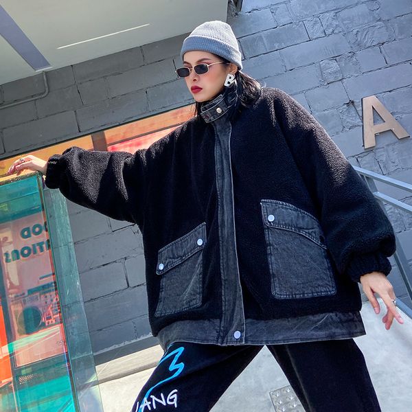 

denim parka with real lamb fur coat women winter jacket short parkas thick warm cotton-padded fur jacket plus size manteau femme, Black