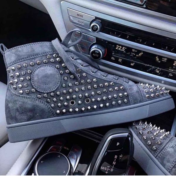 

grey suede leather spikes red bottom men luxury designer sneakers outdoor casual walking flats discount footwear with box, Black