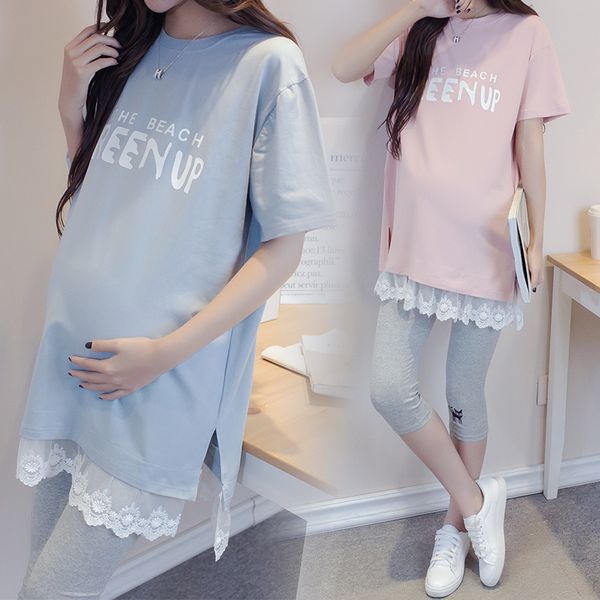 

pregnant summer dress o-neck tshirt dress short sleeve pregnancy casual t-shirt loose lace stitching maternity, White