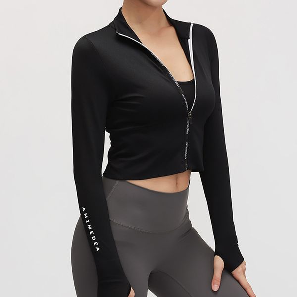 

long sleeves with thumb sports jacket women zipper yoga fitness navel-baring workout trainning gym wear breathable, Black;red