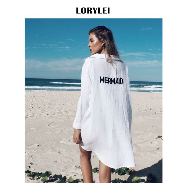 

front short back long mermaid print beach shirt dress white cotton tunic women summer beachwear bathing suit cover ups n324, Blue;gray