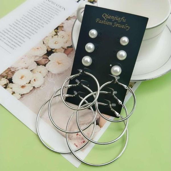 

cute women 6 pairs earrings silver color plating quality simulated-pearl hoop earring, Golden;silver