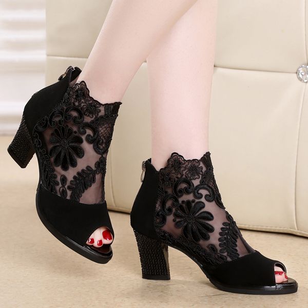 

2019 fashion women shoes zip ladies ankle heels casual fish mouth open toe lace square heel party shoes, Black