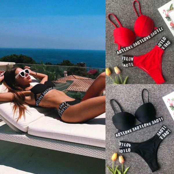 

2019 padded bra bikini set swimsuit women letter push-up loved printed push up swimwear bathing suit beachwear
