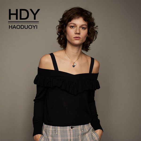 

hdy haoduoyi women fashion popular slash neck cami strap pleated ruffles slim knitted sweater, White;black