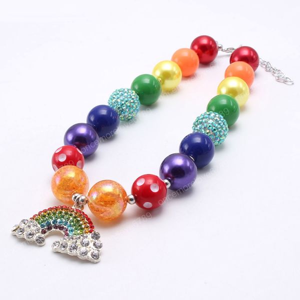 Collana per ragazze con perline grosse e pendenti arcobaleno con strass, collana di perline colorate di gomma da masticare, regalo per bambini