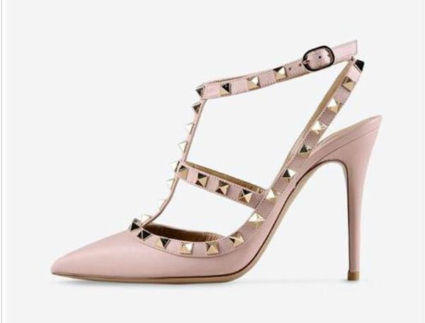 

designer pointed toe 2-strap with studs high heels patent leather rivets sandals women shoes valentine high heel shoes, Black