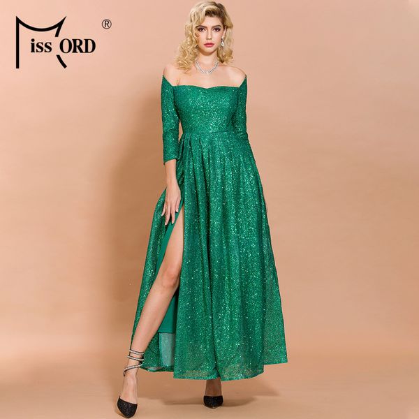 

missord 2019 women off shoulder long sleeve glitter high split dresses female elegant maxi dress ft19836-1, Black;gray